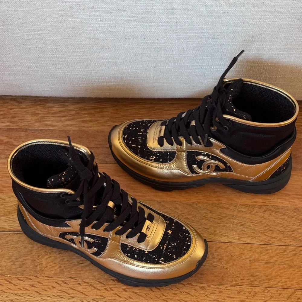 Chanel high top sneakers black and‎ gold with tweed Size 36 1/2